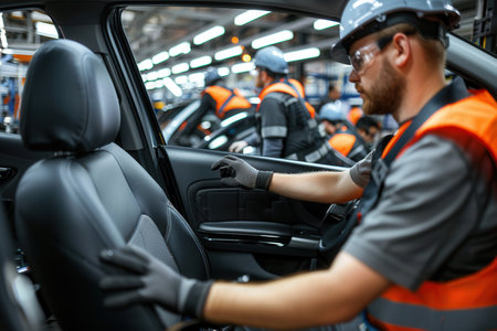 Workers methodically install and inspect car interiors on the factory floor, showcasing teamwork and attention to detail in production.の素材