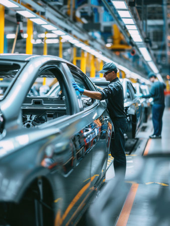 Several workers focus on installing and inspecting car interiors on the factory floor, ensuring quality during production.の素材