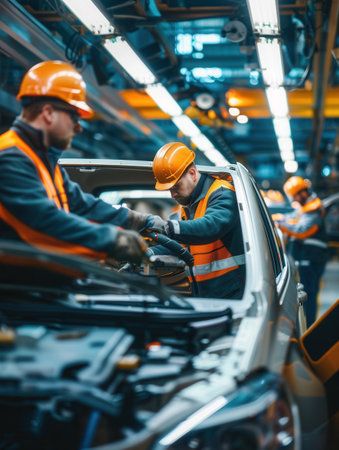 Several workers are engaged in the installation and inspection of car interiors on the factory floor in a bustling automotive environment.の素材