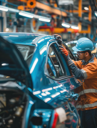 Employees meticulously install and inspect car interiors on the factory floor, ensuring quality during the production process.の素材
