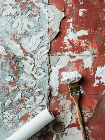 The workspace displays a partially removed layer of vintage wallpaper, a paintbrush, and remnants of old red paint during restoration.の素材