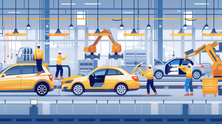 A team of workers actively installs and inspects car interiors while utilizing robotic tools on a vibrant factory floor.の素材