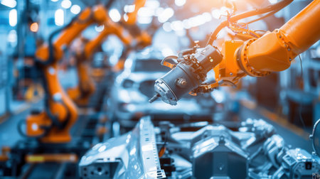 Robotic arms execute accurate assembly tasks on a car assembly line, showcasing advanced manufacturing technology in action.の素材