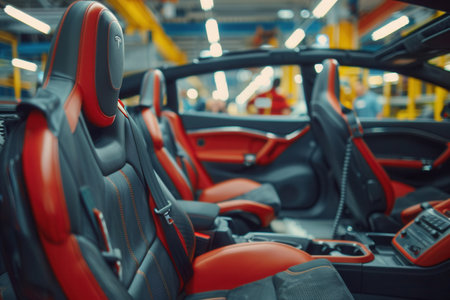 In a busy factory setting, workers diligently install and inspect car interiors, ensuring quality and precision in production.の素材