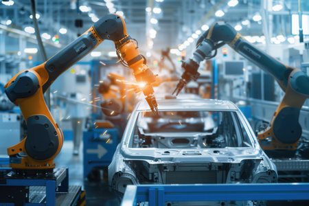 Robotic arms work together to assemble components of a car efficiently on a bustling factory assembly line.の素材