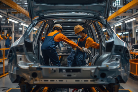 Two workers are collaborating to install and inspect car interiors on the factory floor, ensuring quality during production.の素材