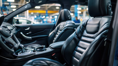 Dedicated workers are engaged in the installation and inspection of car interiors within an automotive factory setting.の素材