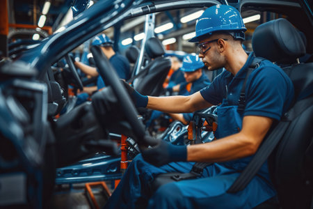 Several workers are focused on assembling and checking car interiors on the busy factory floor during the daytime.の素材