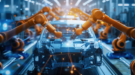 Robotic arms efficiently carry out precise assembly tasks on a car assembly line in a high-tech manufacturing environment.の素材