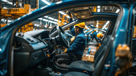 A team of workers is focused on installing and inspecting car interiors, ensuring high-quality standards on the factory floor.の素材