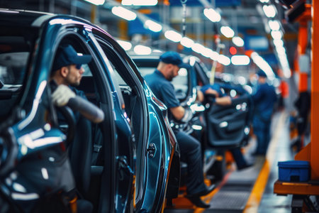 Assembly line workers carefully install and inspect car interiors, ensuring quality control on the factory floor during production.の素材