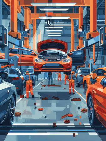 Workers are engaged in the detailed installation and inspection of car interiors on the factory floor, ensuring quality and precision.の素材