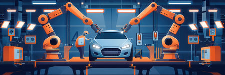 Advanced robotic arms efficiently perform precise tasks on vehicles as workers oversee operations in a state-of-the-art assembly line.の素材