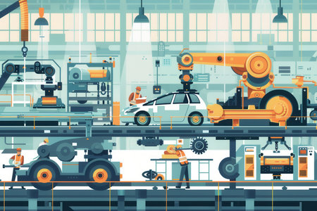In a bustling factory, workers engage with machinery to create essential car parts and components efficiently and safely.の素材