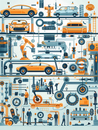 Machinery and workers actively produce various car parts and components in a modern industrial setting filled with equipment.の素材