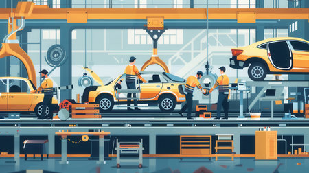 Skilled workers efficiently produce car parts and components with modern machinery in a bustling manufacturing environment.の素材