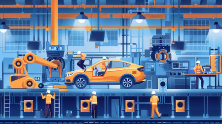 Skilled workers operate machinery to produce various car parts in a bustling factory environment.の素材