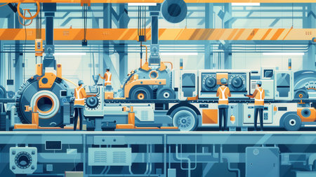 A team of workers operates machinery to produce components for vehicles in a busy manufacturing facility.の素材
