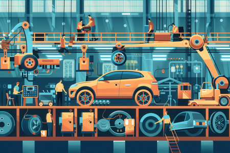 In a bustling automotive factory, workers operate machinery to manufacture car components and assemble vehicles efficiently.の素材