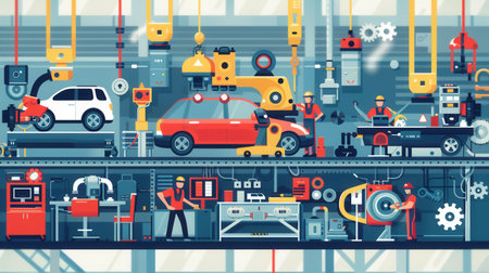 In a bustling manufacturing facility, workers are engaged in assembling car parts using advanced machinery and tools.の素材