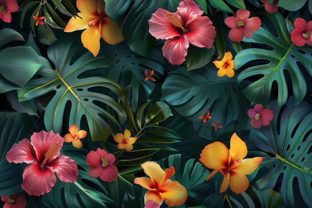 Lush greenery highlights stunning tropical flowers, showcasing a vibrant array of colors in a rainforest under bright daylight.の素材