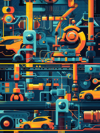 In a contemporary production environment, workers operate complex machinery to create car parts and components efficiently.の素材