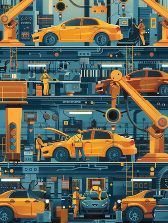 In a vibrant automotive factory, workers utilize machines to assemble and produce various car components efficiently.の素材