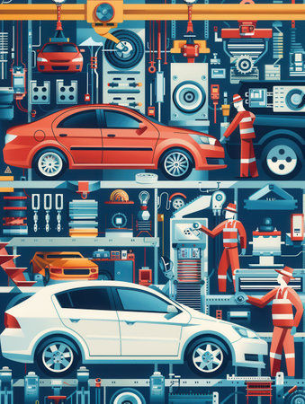 In a bustling factory, workers are efficiently producing car components with cutting-edge machinery and collaborative efforts.の素材