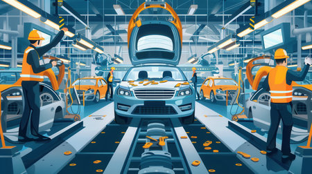 Employees are engaged in the installation and inspection of car interiors on the factory floor in an automotive production facility.の素材