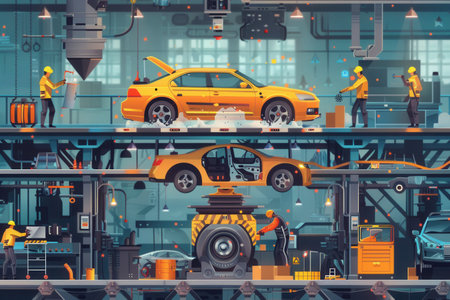 Workers are actively engaged in the production of car components, utilizing machinery in a dynamic manufacturing environment.の素材