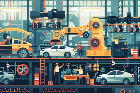 In a bustling factory, workers use advanced machinery to manufacture car parts and components efficiently.の素材