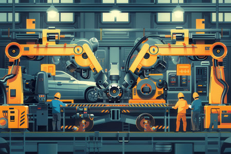 Workers operate machinery to manufacture car parts and components in an industrial setting filled with equipment and tools.の素材