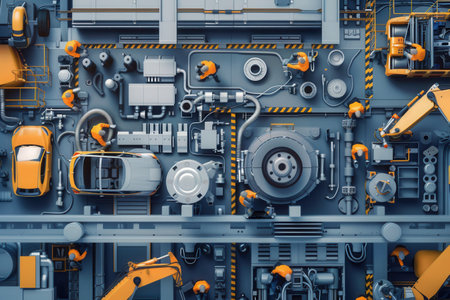 Workers operate machinery to produce car parts and components in a busy manufacturing facility, showcasing industrial activity.の素材