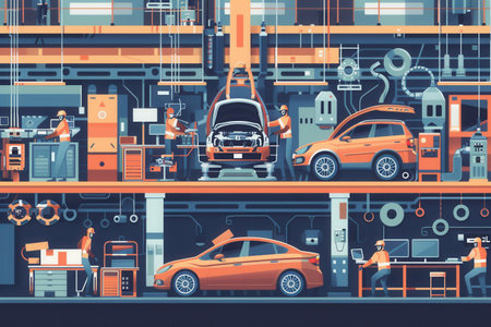 Skilled workers engage with machinery to efficiently produce essential car components in a bustling manufacturing environment.の素材