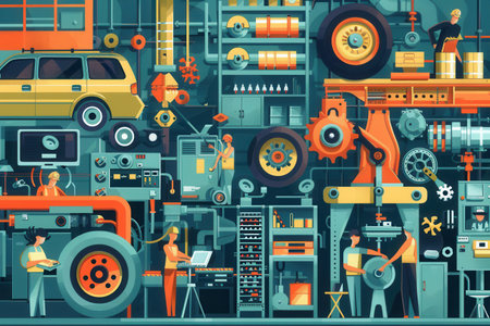 Skilled workers focus on producing car parts using advanced machinery in a bustling manufacturing environment.の素材