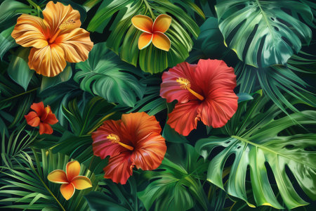 Amidst a rich backdrop of large green leaves, colorful hibiscus and plumeria flowers bloom, creating a lively tropical atmosphere.の素材