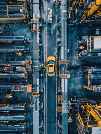 Skilled workers are focused on installing and inspecting various car interiors within a bustling factory setting.の素材
