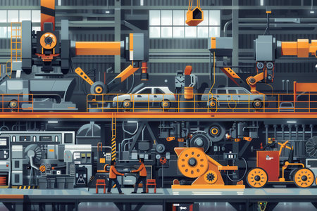 Dedicated workers operate machinery to produce car components in a busy manufacturing facility filled with high-tech equipment.の素材