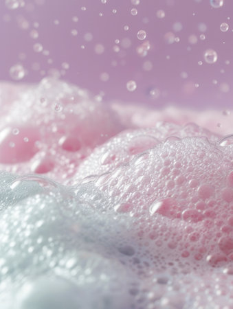 A tranquil bath features a surface of colorful bubbly foam with droplets dancing above, creating a peaceful and relaxing ambiance.の素材