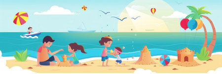 A family has fun at the beach, creating sandcastles and playing with beach balls while enjoying the sunny, pleasant day.の素材