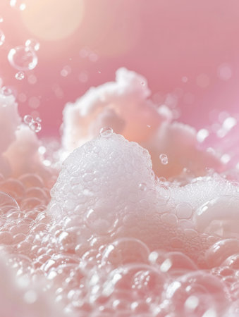 The surface of a calming bath filled with light pink bubbles and gentle foam, inviting relaxation and indulgence in self-care practices.の素材