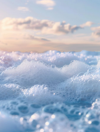 A vibrant foam surface fills the relaxing bath, reflecting the warm colors of sunset and enhancing a peaceful atmosphere.の素材