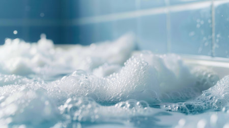 The warm bath fills with bubbly foam, creating a soothing atmosphere in the cozy bathroom during a peaceful evening.の素材