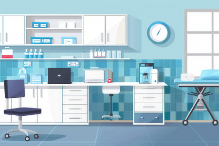 The doctor's office features modern furnishings, organized medical supplies, and a sterile environment for patient consultations.の素材