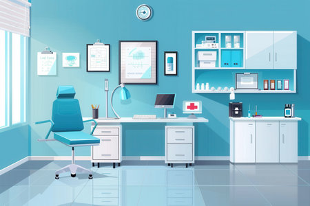 The doctor's office features a clean design, providing a welcoming atmosphere with essential medical furnishings and equipment for patient care.の素材