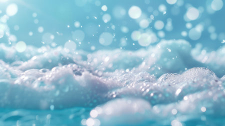 The surface of a bath is covered in fluffy white foam bubbles, reflecting soft light in a soothing blue environment, perfect for relaxation.の素材