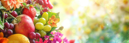 A bright collection of fresh fruits and blooming flowers fills the view, showing nature's beauty and bounty in a garden.の素材