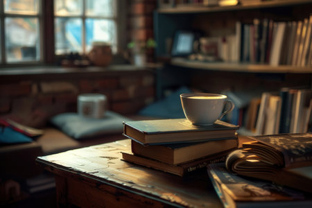 A warm and inviting space features a cup of coffee atop stacked books, ideal for enjoying a quiet afternoon engrossed in reading.の素材