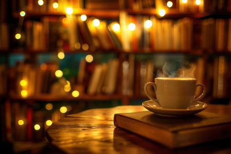 A warm and inviting space features a steaming cup of coffee placed on a book, surrounded by softly lit shelves packed with books.の素材