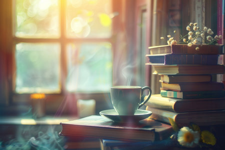 A warm atmosphere surrounds a steaming cup of coffee beside tall stacks of books near a sunlit window, inviting relaxation.の素材
